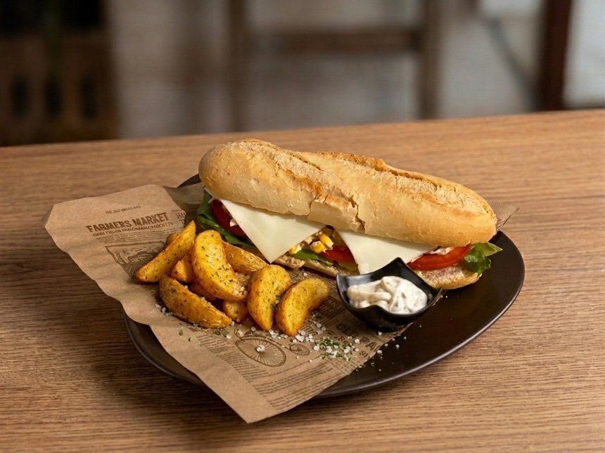 Bocata en pan de baguette con queso, tomate y lechuga